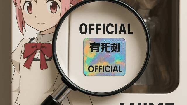 A magnifying glass hovering over an official anime figure box, highlighting a holographic authenticity sticker